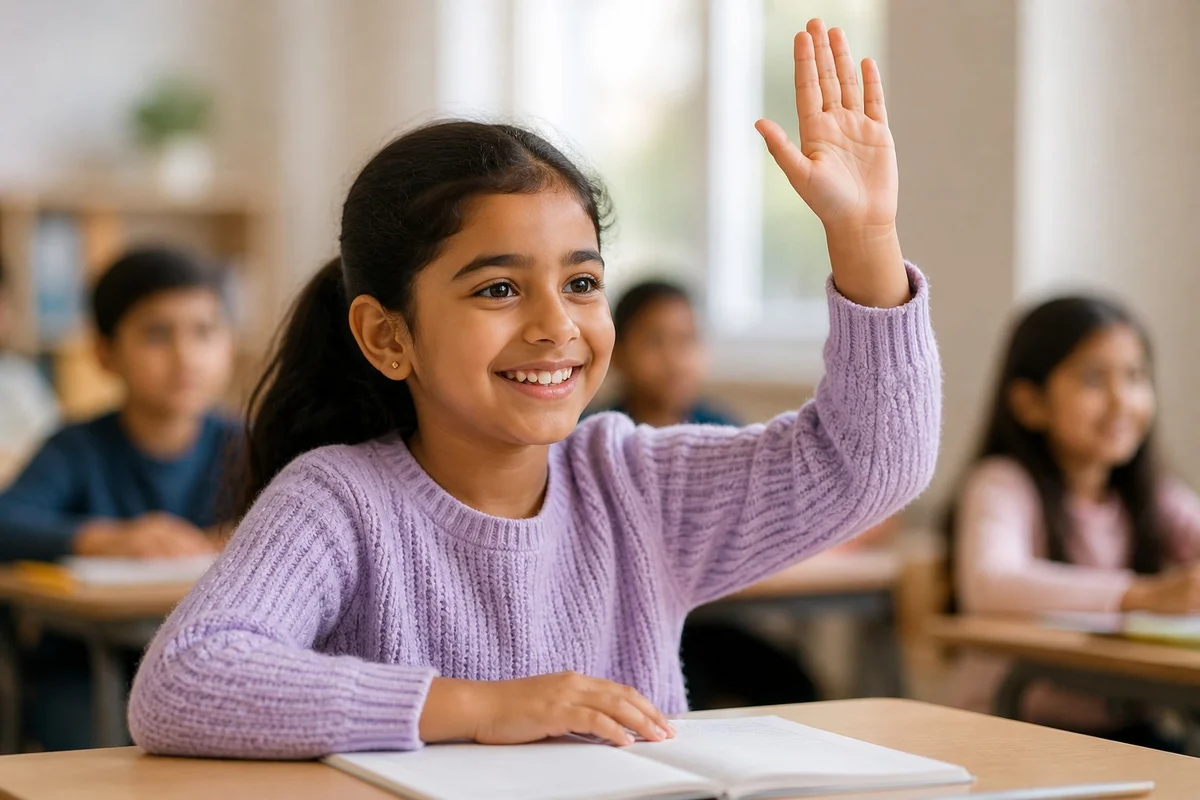 Raised hand from behind in a classroom scene